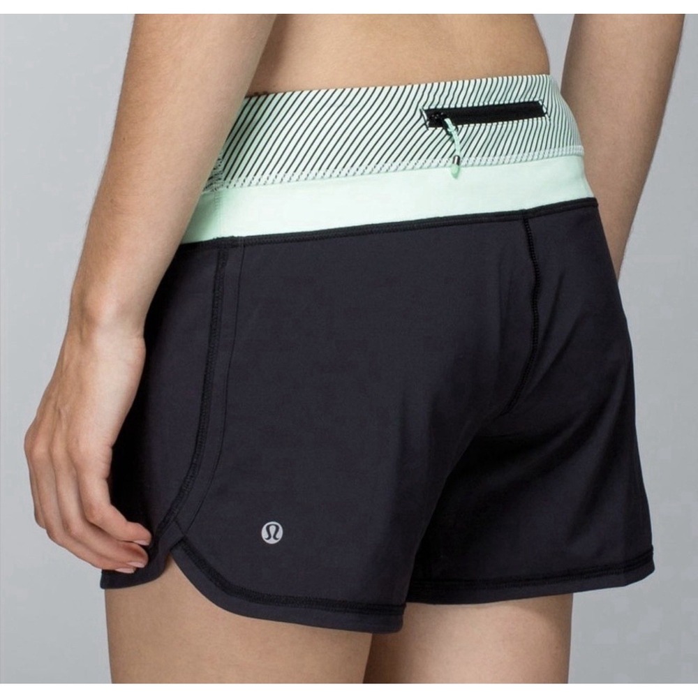 Lululemon Speed Up Short Black Mint Green Striped Waistband Size 8